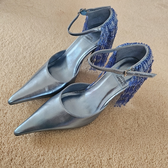 JEFFREY CAMPBELL Show Stop Light Blue Metallic Beaded Fringe Leather Pumps - Picture 12 of 16